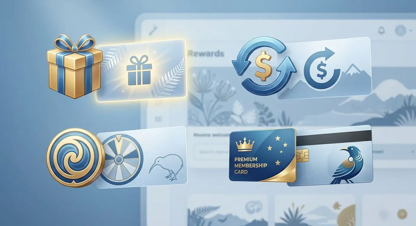 Comparing Spinbet Bonus Types Illustration of different bonus types including gift, spins, cashback and VIP rewards