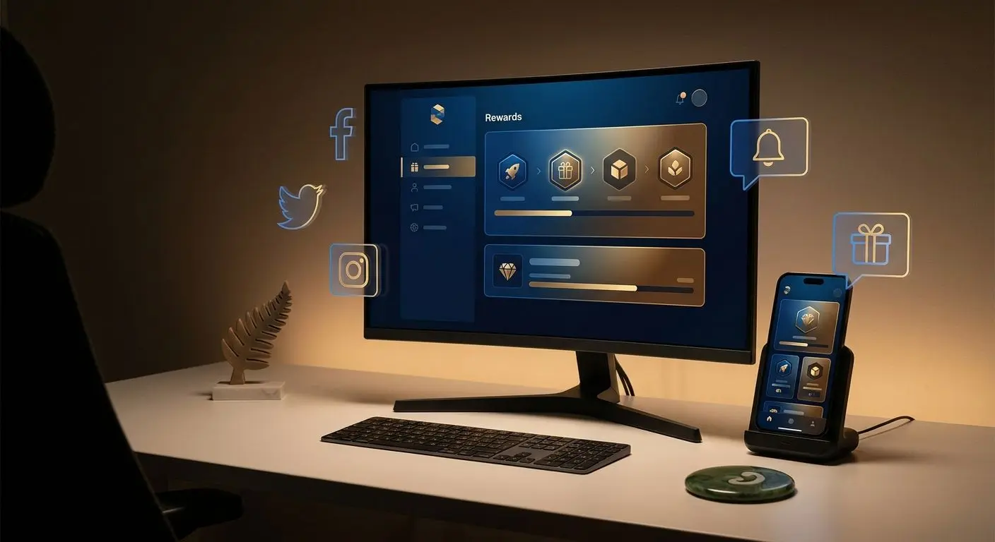 Spinbet Access Across Devices and Social Channels Desktop and mobile devices displaying promo access with social channel symbols